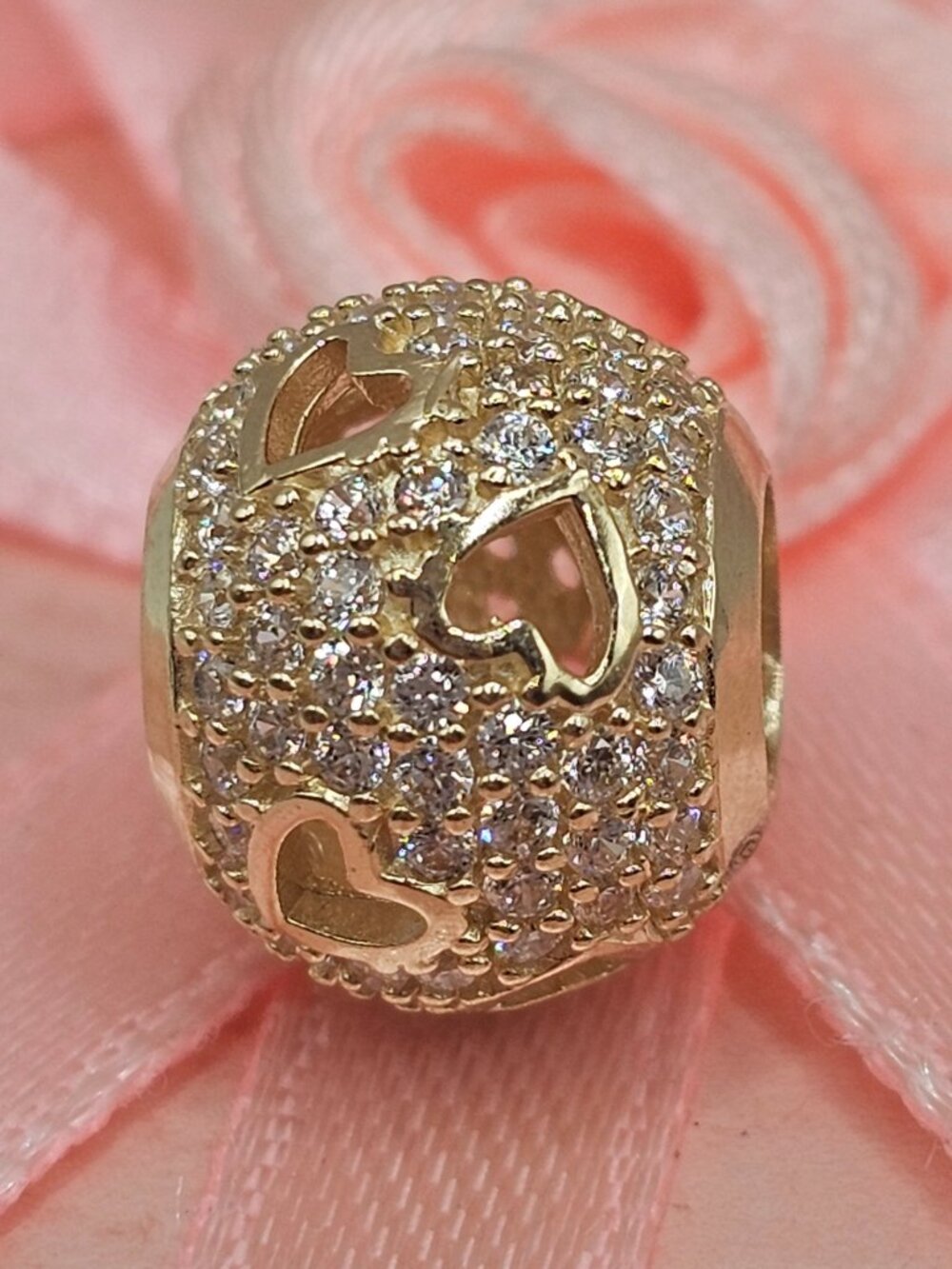14KT Gold Ball of Fire CZ Oval Cut Out Slider Charm for Bracelet